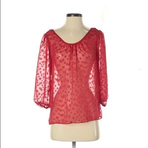 BCX 3/4 sleeve sheer pokadot red bow ruffle detail